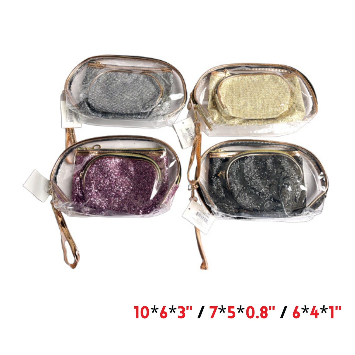 3PCS Makeup bag 10"x6"x3",7"x5"x0.8",6"x4"x1" PVC+poly 4 col