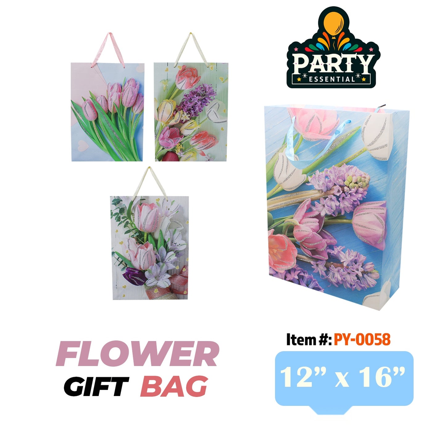 12"x16"x 4.5"Glitter  Flower Gift Bag