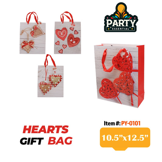 10.5"x12.5"X 3" 3D  HEARTS Gift Bag W/ Glitter
