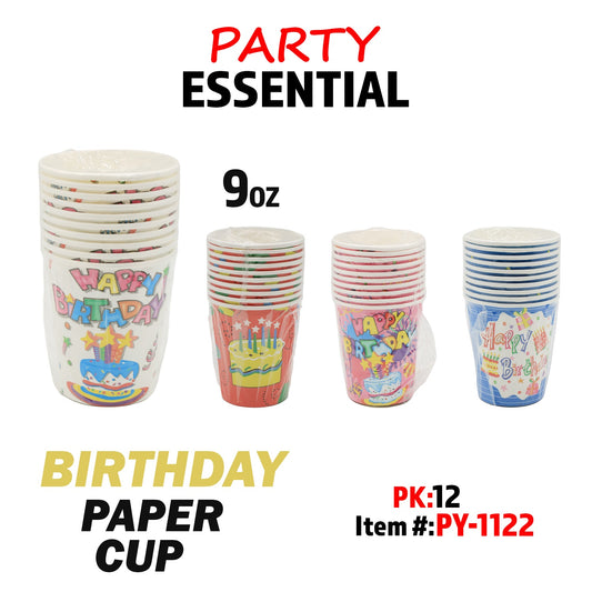 10pcs 9oz  Paper Cup, Happy Birthday 4 colors Asstd