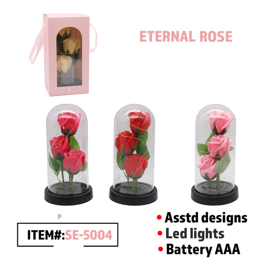 3 pcs Rose In Glass Dome, 5 colors asstd