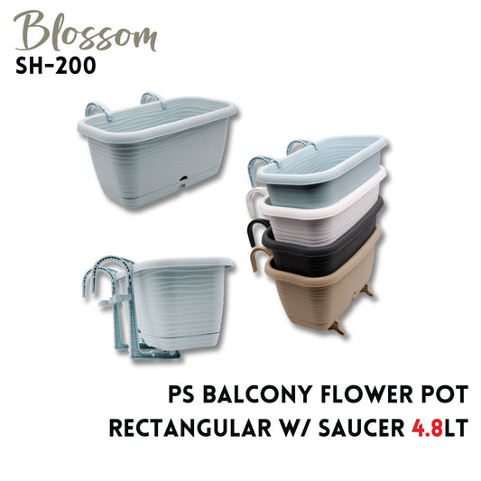 PS Balcony Flower Pot Rectangular Asst Colors w/Saucer 4.8LT