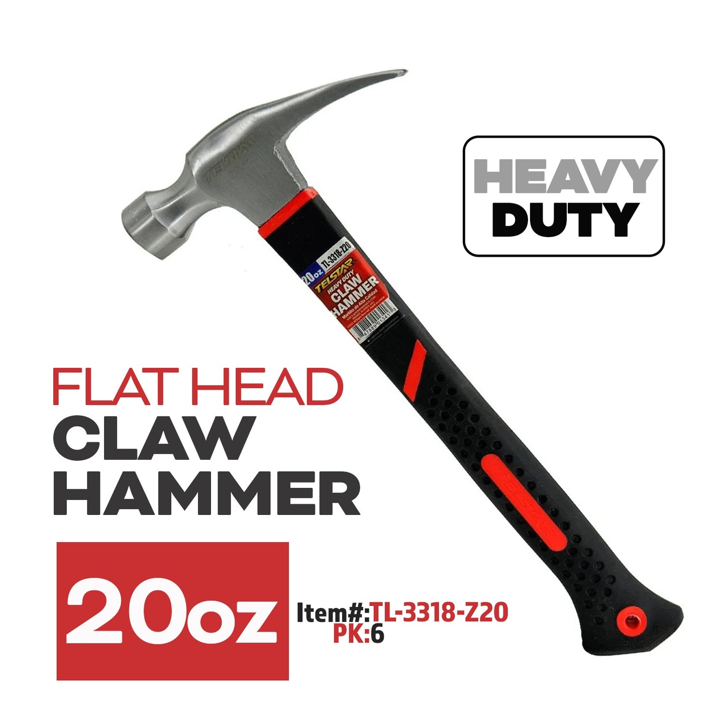 20 Oz Heavy Duty Fiberglass Hammer, Flat Head