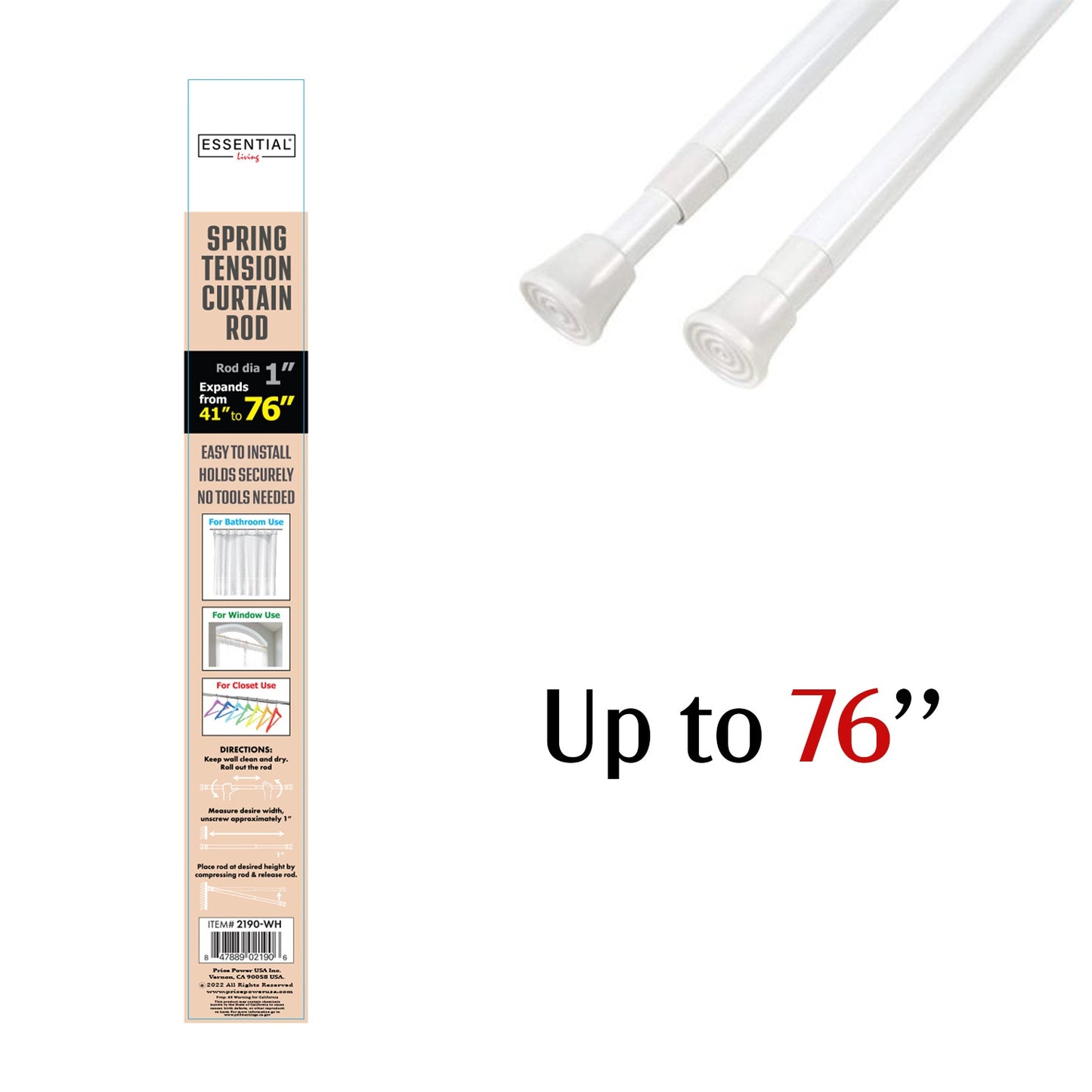 76" White Spring Tension Shower Curtain Rod