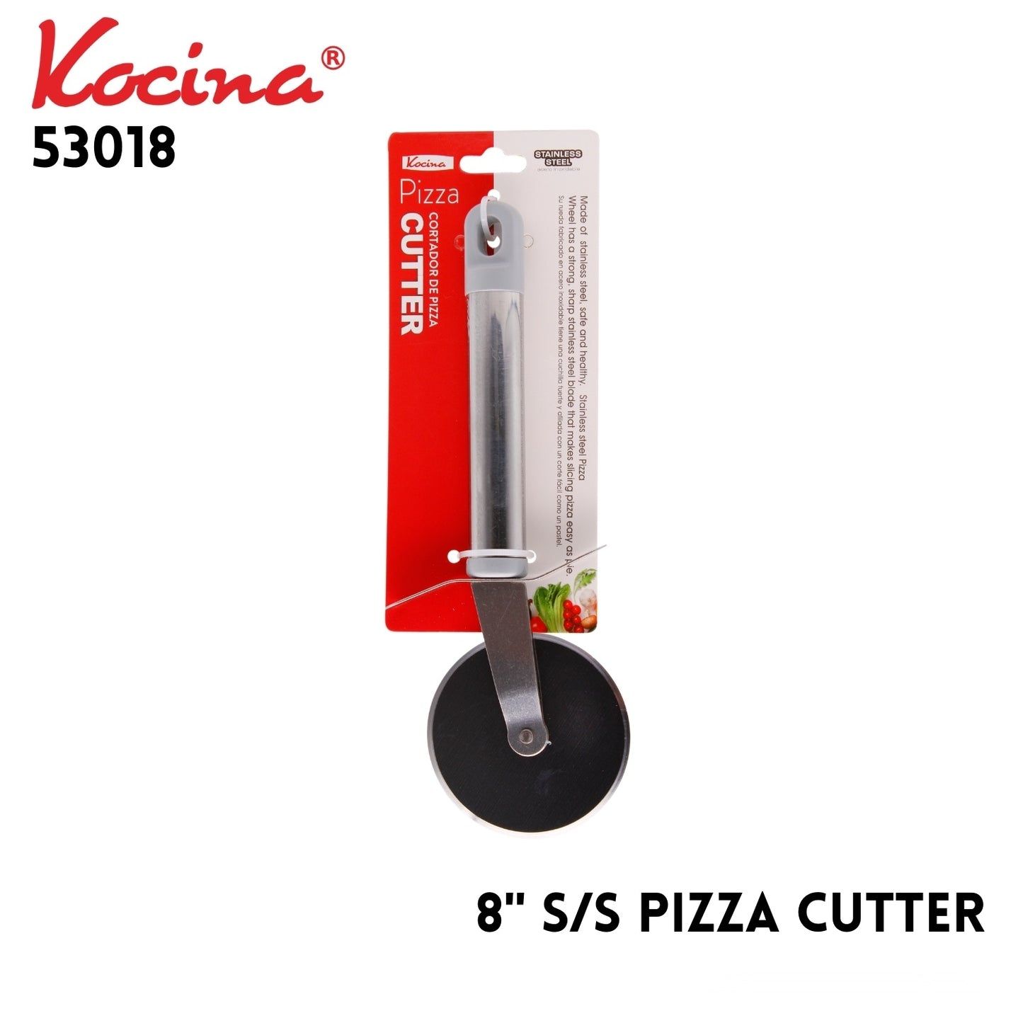 SS Pizza Cutter, 8", Gray Handle