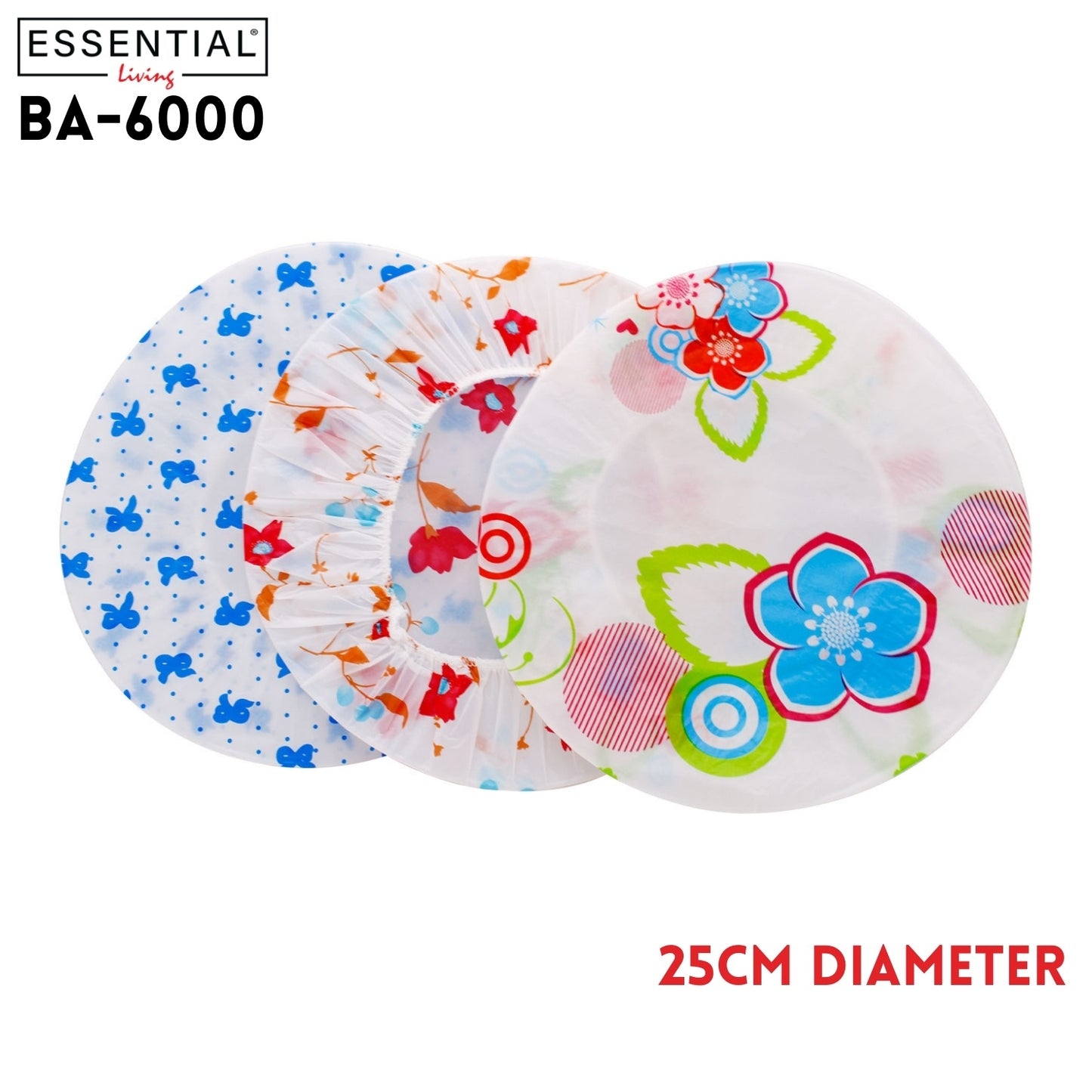 Shower caps, 3 assorted designs, 3pcs pk, Dia 25cm