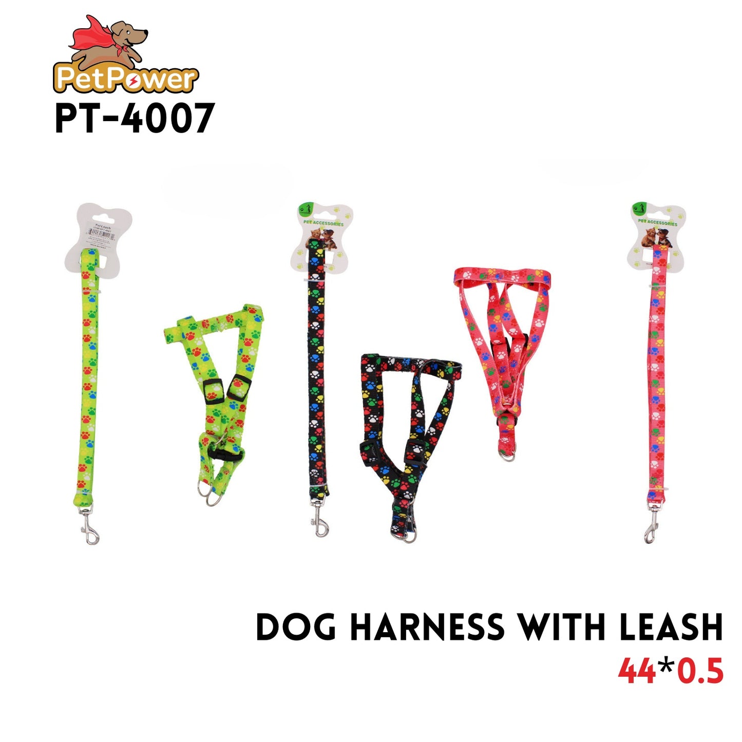 Dog Harness W/ Leash 44x0.5", Asst Color
