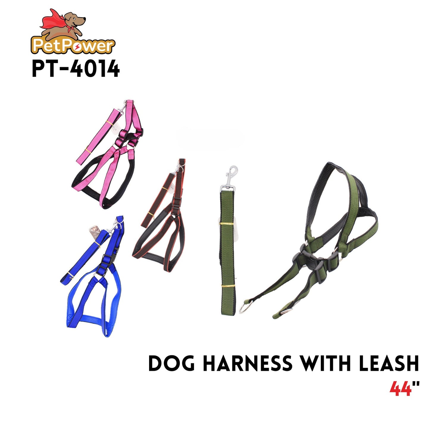 Dog Harness W/ Leash 44 x 1 .25"  Asst Color