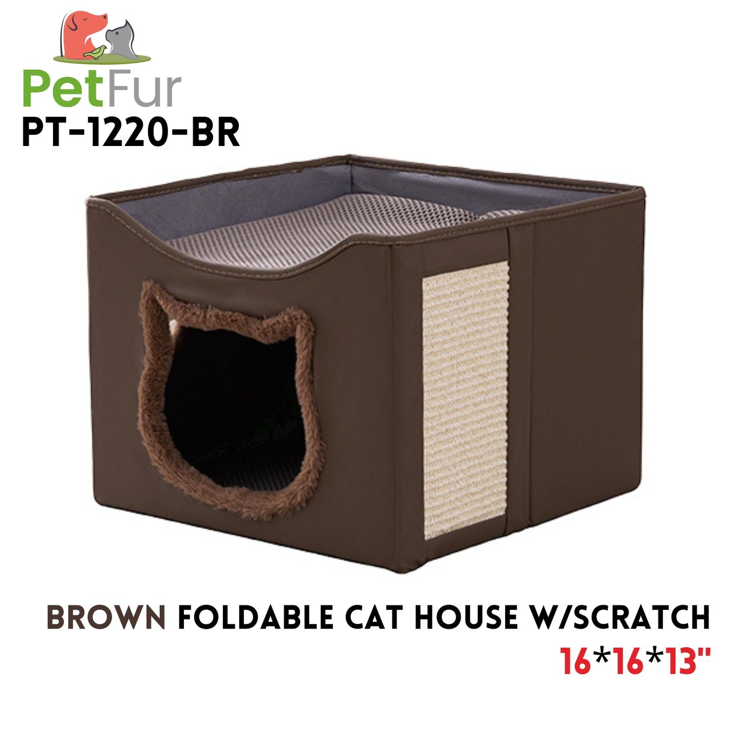 Brown Foldable Cat House w/ Scratch Pad,16x16x13, colth