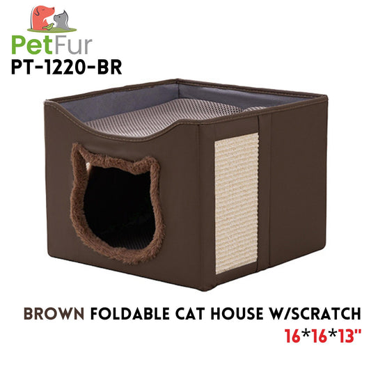 Brown Foldable Cat House w/ Scratch Pad,16x16x13, colth