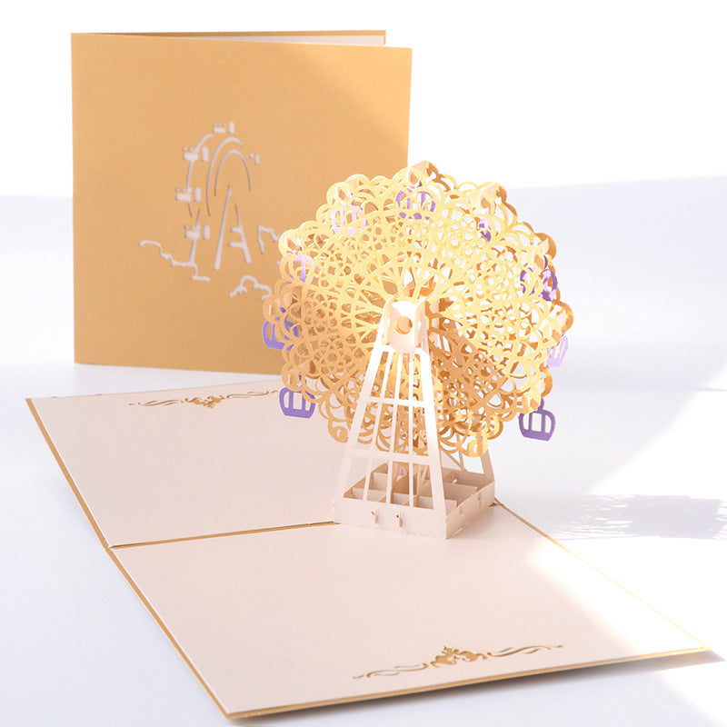 Golden lacy Ferris Wheel Pop up card front and cover view