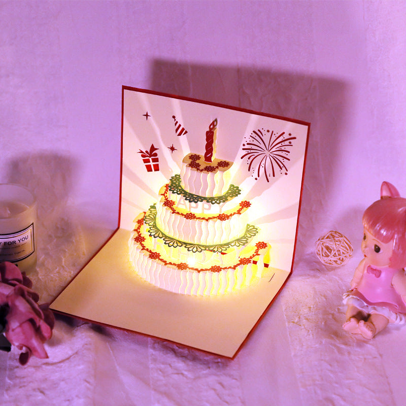 Light up Birthday Cake with Music Pop up card red view